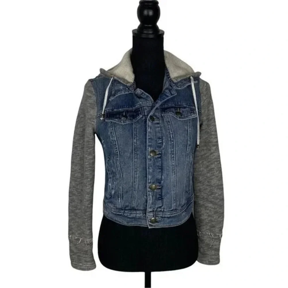 FREE PEOPLE Knit Hooded Denim Distressed Jacket Sz XS Blue Casual Stylish 49-15 - Picture 2 of 10